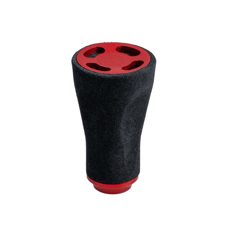 Der RL-TNG JGR 19 EVA-Knopf von RL-TNG ist ein ausgestellter, strukturierter, roter, zylindrischer Kurbelknauf mit runder Ober- und Unterseite und jeweils vier ovalen Öffnungen – ideal für ein Angelrollen-Upgrade. Abgebildet auf weißem Hintergrund.