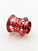 Eine Rot Roro Lure BFS Titanium Spule AX22, passend für 23 SLP Millionaire Air, 22 Silver Creek Air, 21 Gekkabijin Air TW PE Special, 20 Alpha und Steez Airs Air, ist leicht mit Cutout-Design auf anderem Hintergrund zu sehen.