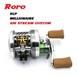 Abgebildet ist eine silber-grüne Baitcasting-Rolle mit Korkgriffen. Darüber steht in verschiedenen Schriftarten und Farben: „Roro Lure BFS Titanium Spule AX22 | 23 SLP Millionaire Air | 22 Silver Creek Air“.