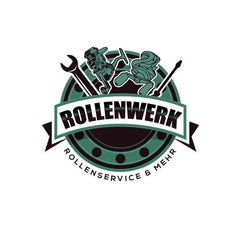Logo für Rollenwerk mit einem grünen und schwarzen kreisförmigen Design. Schraubenschlüssel, Rollschuh und Schraubenzieher befinden sich über dem Text. Die Tagline Rollenservice & Mehr erscheint unterhalb des Hauptnamens.