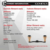 Montagetabelle für den Gomexus Kage Titangriff mit 27 mm Korkknöpfen (8 x 5 mm) – kompatibel mit Baitcastingrollen von Shimano, Daiwa, Abu Garcia und Lews. Das perfekte Upgrade für jeden BFS-Angler. Siehe Abbildung des Rollengriffs unten.