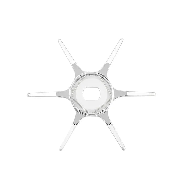 Ein durchsichtiges, sechseckiges Kunststoffobjekt mit sechs Armen, das der Gomexus Sternbremse 60 mm für Shimano ähnelt, von oben auf einem weißen Hintergrund fotografiert.