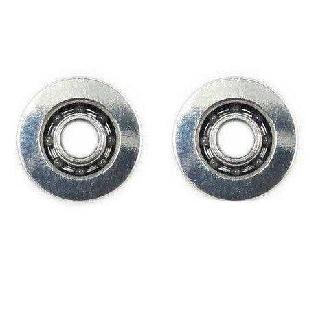 Zwei Metallkugellager aus dem Hedgehog Studio "Kattobi" Tuning Kit Keramik Kugellager (Daiwa 1030 & 1030 Air) stehen nebeneinander auf weißem Untergrund. Jedes Flanschlager hat sichtbare Kugeln, ideal für Baitcasterrollen-Upgrades.