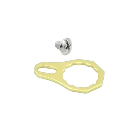 Eine kleine silberne Kreuzschlitzschraube und eine flache, goldeloxierte Aluminium-Kontermutterplatte von RL-Angelrollentuning (Kontermutterplatte | verschiedene Farben) mit einer kreisförmigen, gezackten Öffnung und einem länglichen Loch, dargestellt auf weißem Hintergrund.